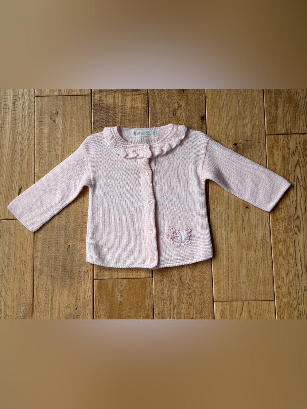 Feltman Brothers Ruffle Neck Lamb Appliqué Cardigan Sweater